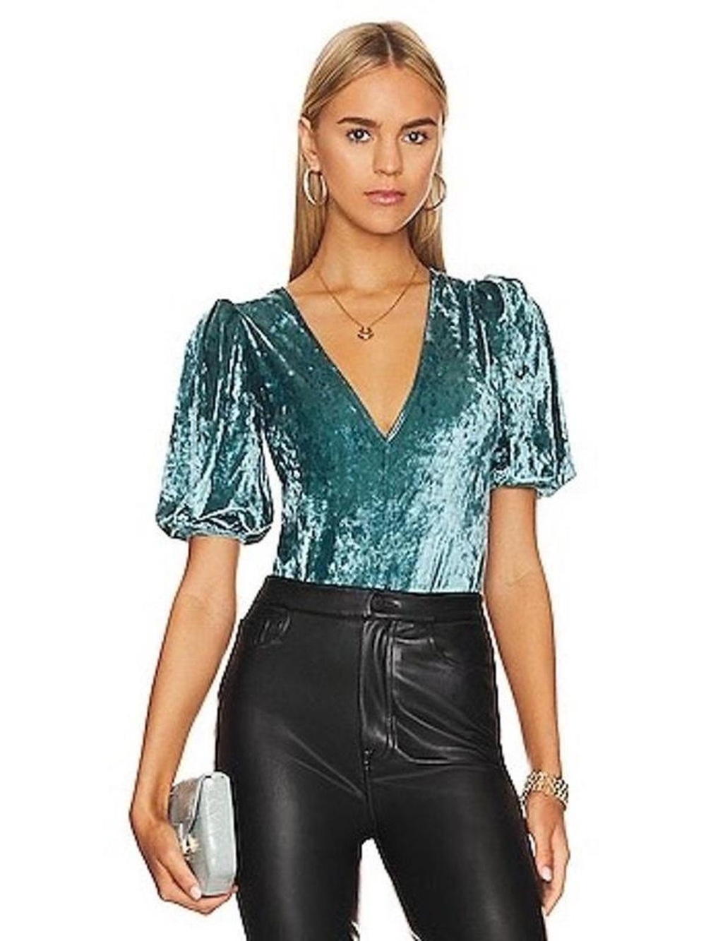 Free People Teal Crushed Velvet V-Neck Puff Sleeve Bodysuit